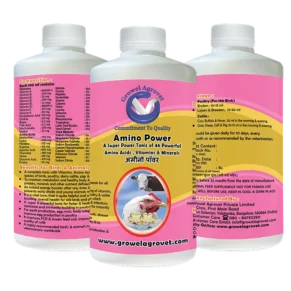 Growel Amino Power supplement with 46 amino acids, vitamins, and minerals for aquaculture, poultry, cattle, horses, pigs, goats, sheep, birds, and pigeons