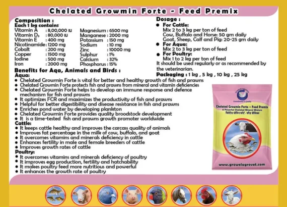 Chelated Growmin Forte- Feed Premix: Chelated Minerals Mixture For Aquacultures, Animals And Poultry.