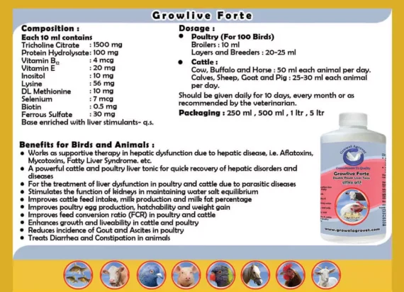 Growlive Forte – A Powerful Liver Tonic For Poultry, Cattle, Cow, Horse, Goat, Sheep, Pig, Pigeons, Pet Birds and Aqua