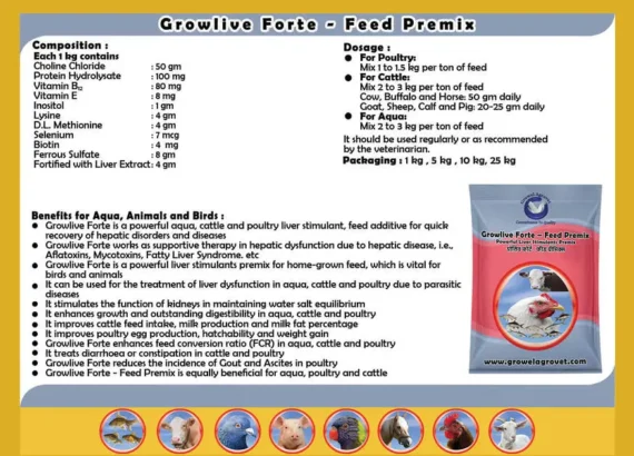 Growlive Forte – Feed Premix: Liver Stimulants Feed Premix For Aquacultures, Animals And Poultry