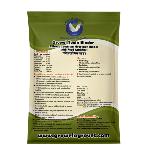 Growel Toxin Binder, a comprehensive solution designed to effectively combat a wide range of mycotoxins in aquaculture, livestock, and poultry feed. This groundbreaking product combines the power of broad-spectrum mycotoxin binding with the benefits of feed acidifiers to ensure the optimal health and performance of your animals. With Growel Toxin Binder, you can provide superior protection against mycotoxins while promoting balanced acidification in your feed, ultimately contributing to the overall well-being of your aquaculture, livestock, and poultry