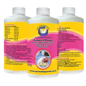 Growel Growvit Power multivitamin supplement with 9 essential vitamins for aquaculture, poultry, cattle, horses, pigs, goats, sheep, birds, and pigeons