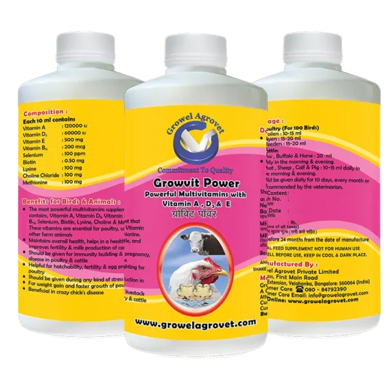 Growvit Power – A Powerful Multivitamin (Vitamin AD3E) for poultry, cattle, horses, pigs, goats, cows, pet birds, and pigeons.